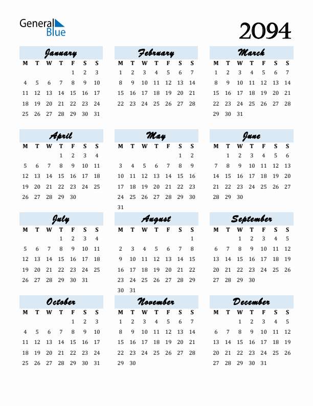 Calendar 2094 Free Download and Print