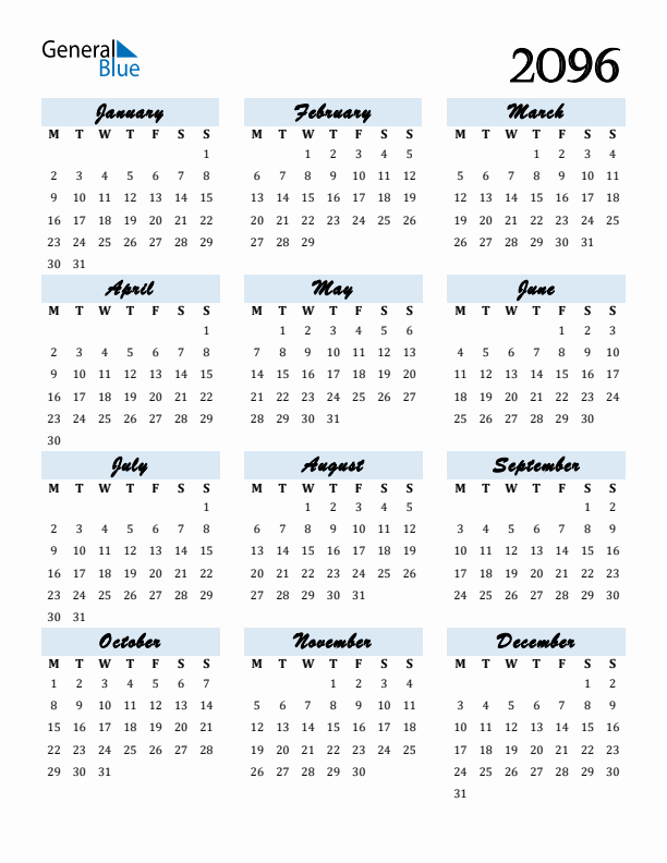 Calendar 2096 Free Download and Print