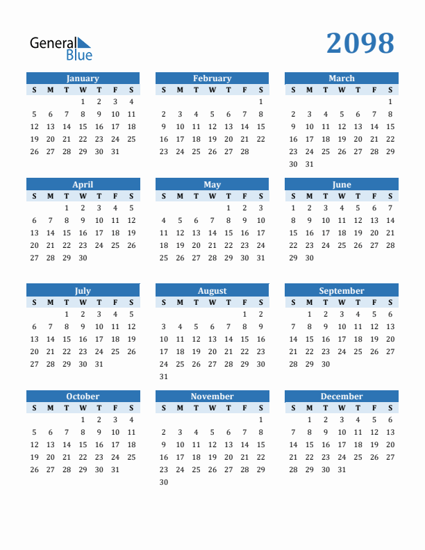 2098 Year Calendar with Sunday Start