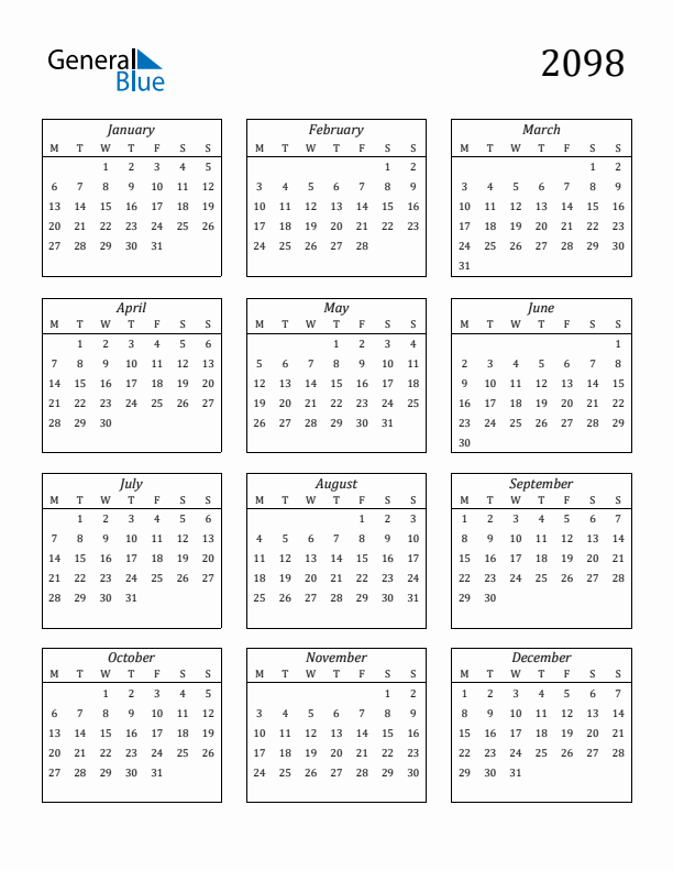 2098 Yearly Calendar