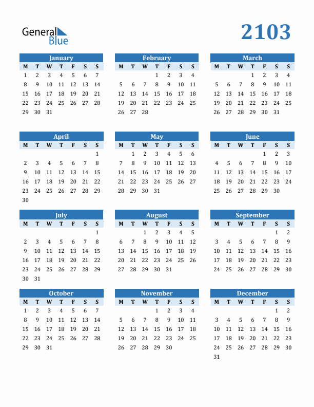 2103 Year Calendar with Monday Start