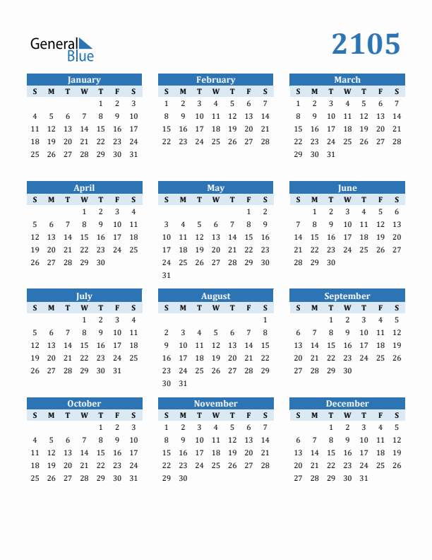 2105 Year Calendar with Sunday Start