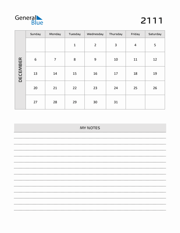 December 2111 Calendar Printable