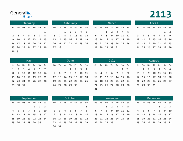 Downloadable 2113 Calendar