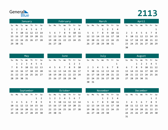 Downloadable 2113 Calendar