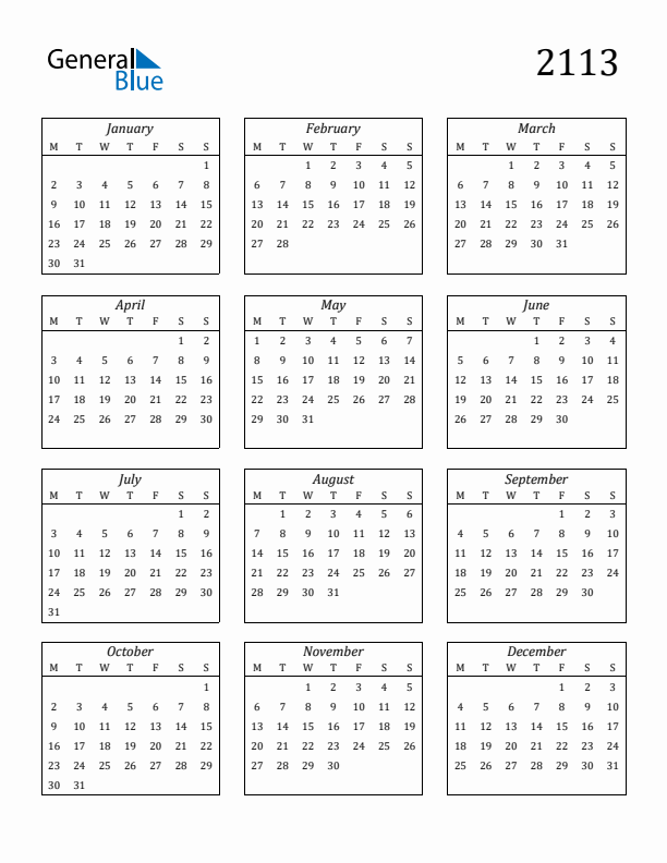 Blank Calendar 2113