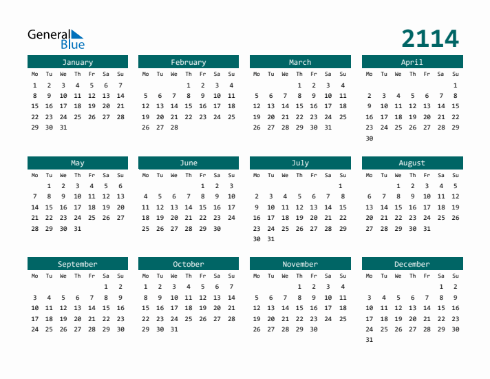 Downloadable 2114 Calendar