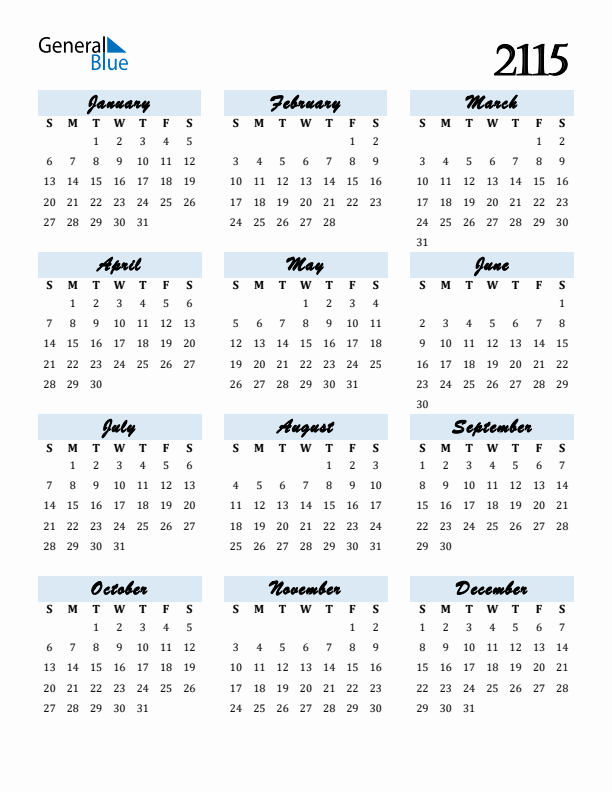 Calendar 2115 Free Download and Print