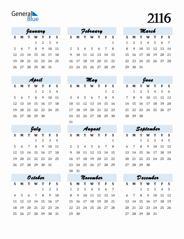 Calendar 2116 Free Download and Print