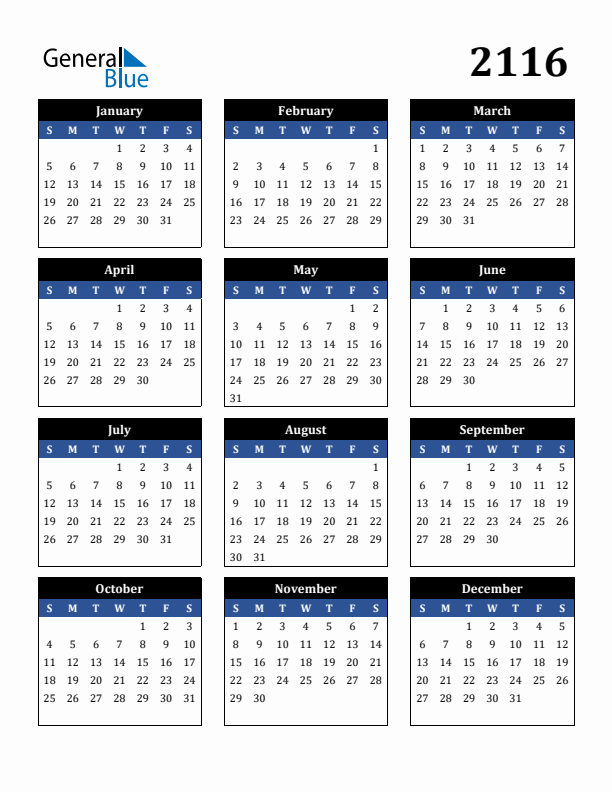 Editable Calendar 2116 - Sunday Start