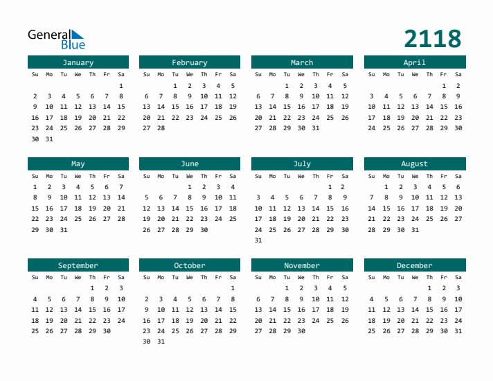 Downloadable 2118 Calendar