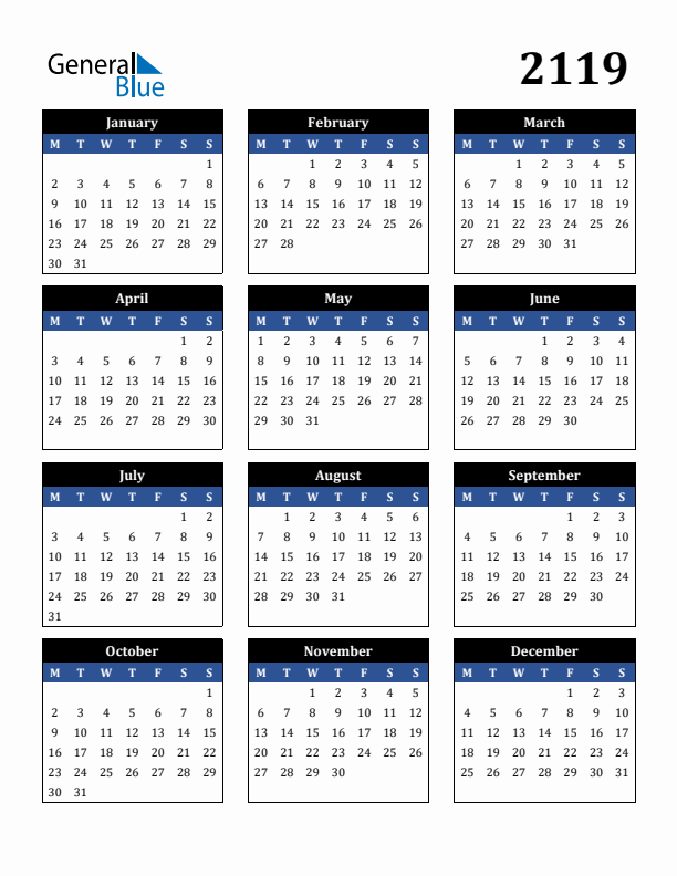 Editable Calendar 2119 - Monday Start