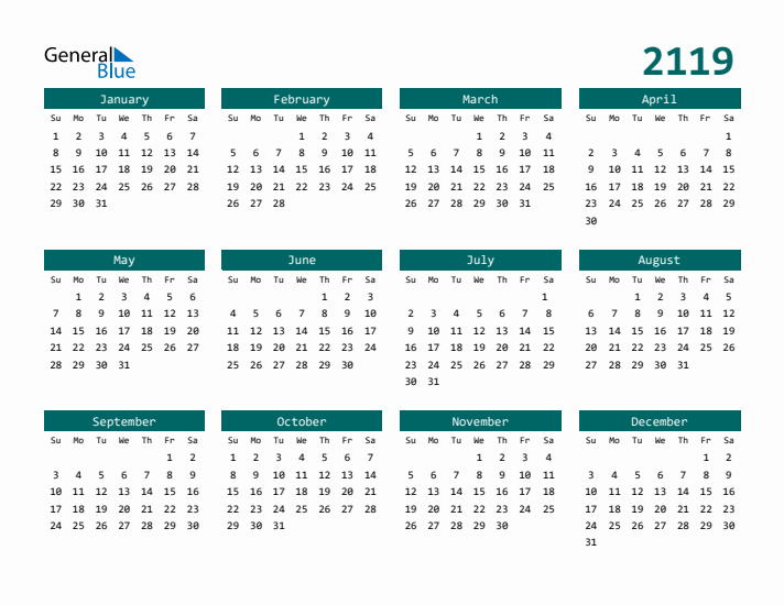 Downloadable 2119 Calendar