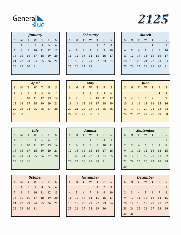 Calendar for 2125 (Sunday Start)