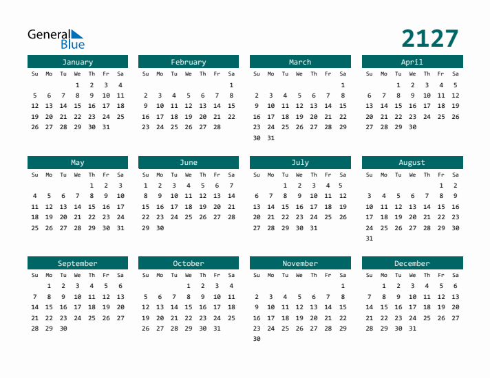 Downloadable 2127 Calendar