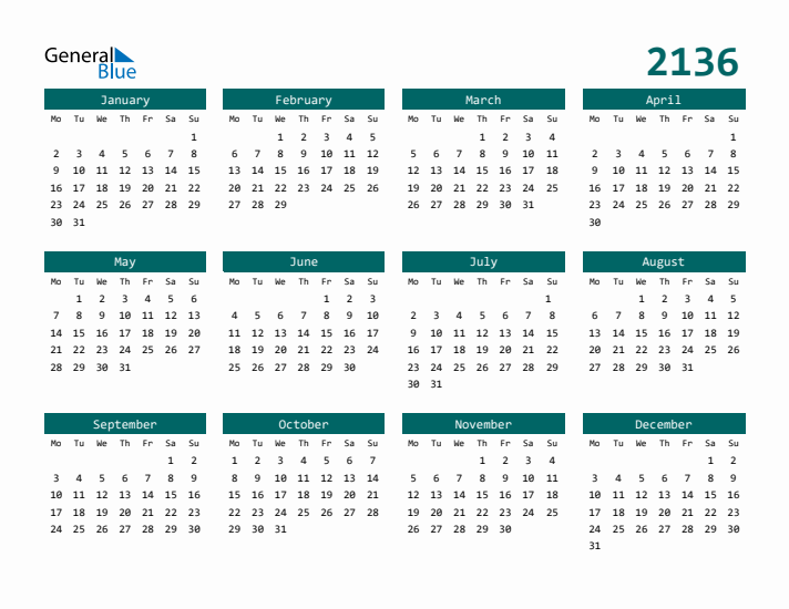 Downloadable 2136 Calendar