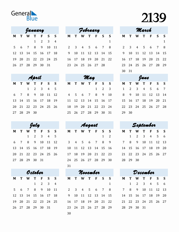 Calendar 2139 Free Download and Print