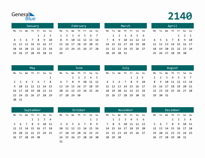 Downloadable 2140 Calendar