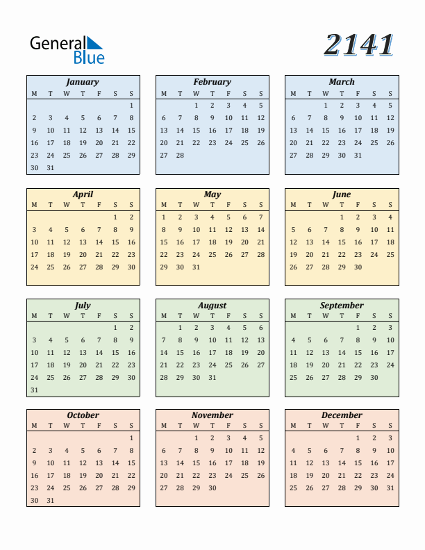 Calendar for 2141 (Monday Start)