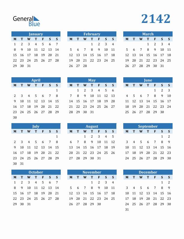 2142 Year Calendar with Monday Start