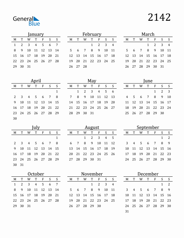 Free Printable Calendar 2142 with Monday Start