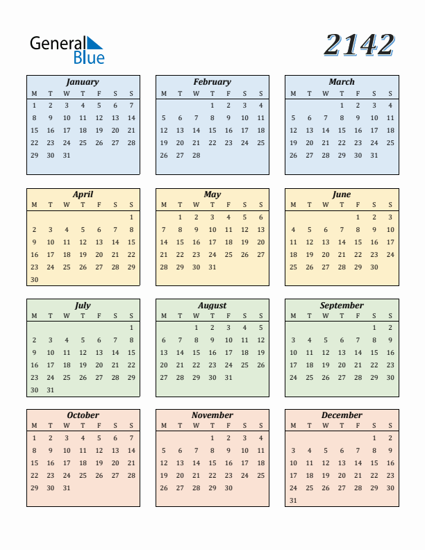 Calendar for 2142 (Monday Start)