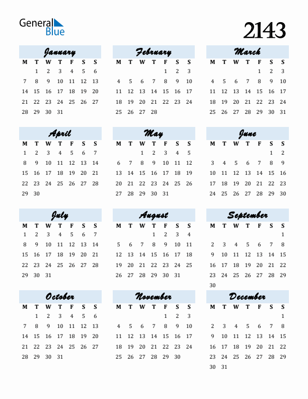 Calendar 2143 Free Download and Print