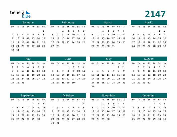 Downloadable 2147 Calendar