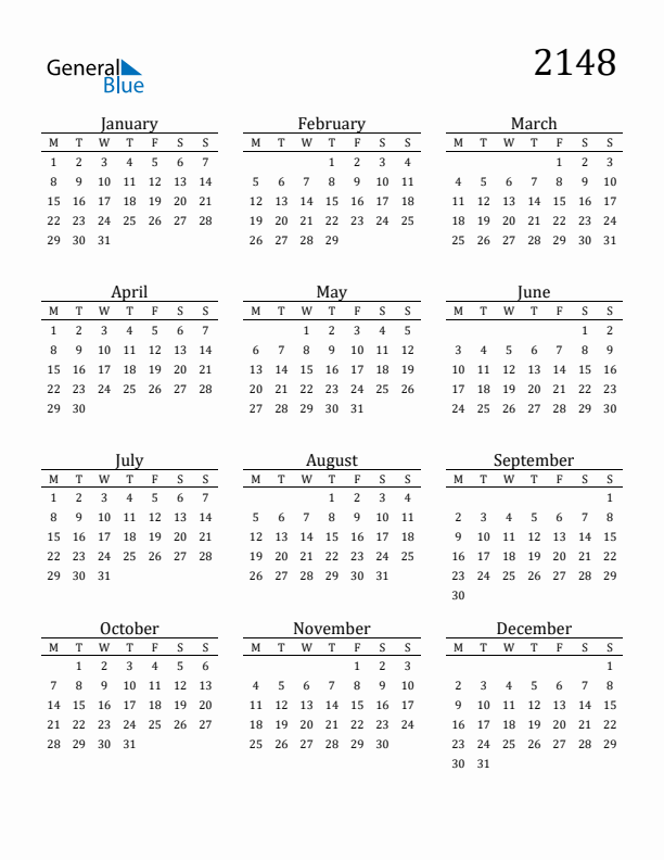 Free Printable Calendar 2148 with Monday Start