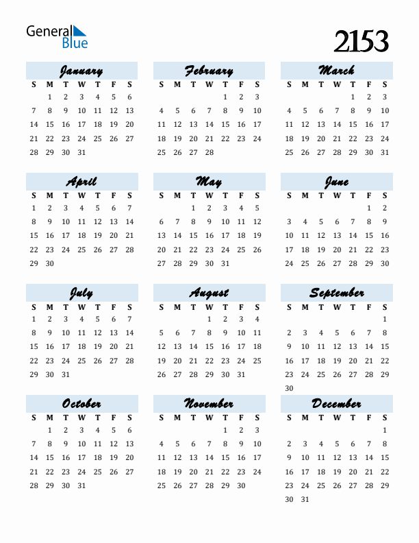 Calendar 2153 Free Download and Print