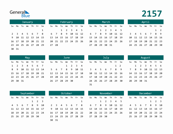 Downloadable 2157 Calendar