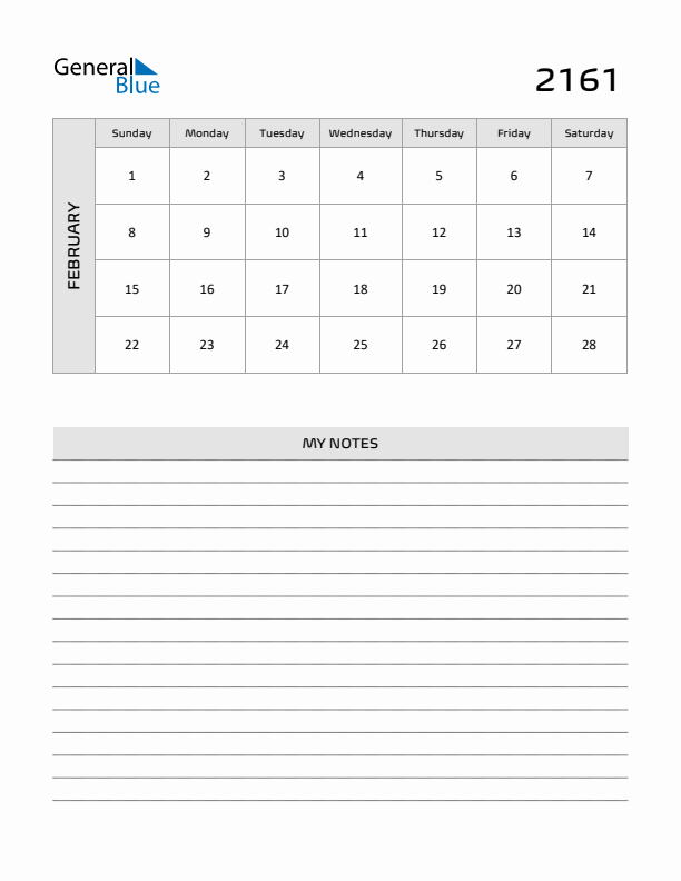 February 2161 Calendar Printable