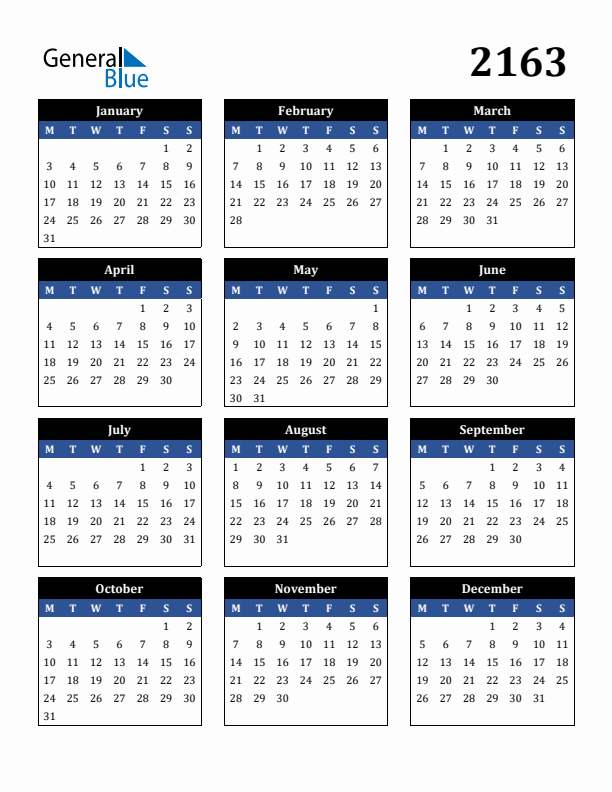 Editable Calendar 2163 - Monday Start