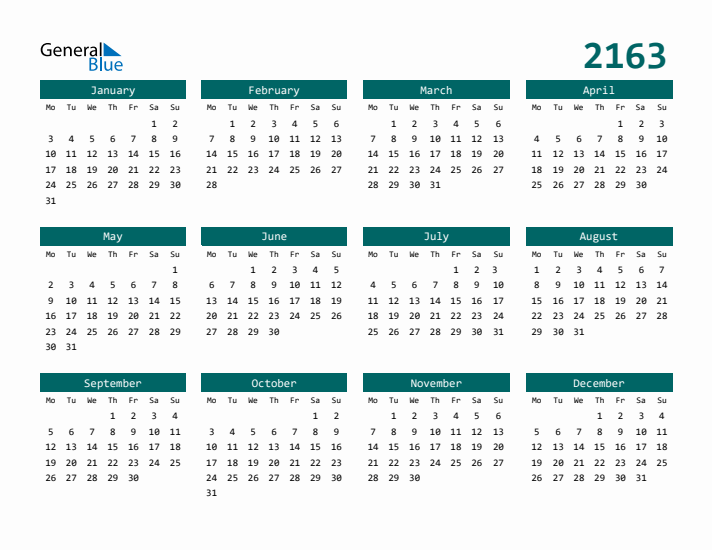 Downloadable 2163 Calendar