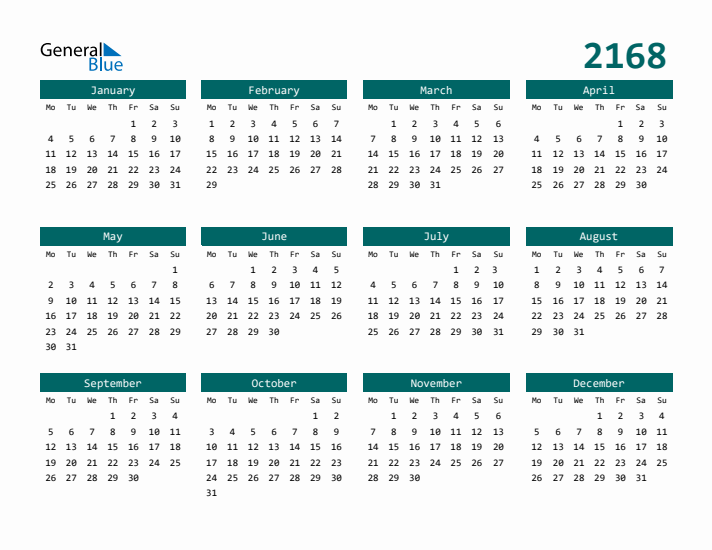 Downloadable 2168 Calendar