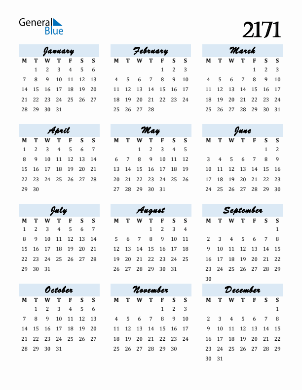 Calendar 2171 Free Download and Print