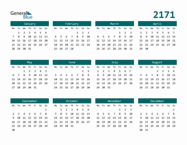 Downloadable 2171 Calendar