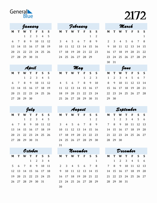 Calendar 2172 Free Download and Print