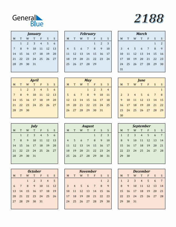 Calendar for 2188 (Monday Start)