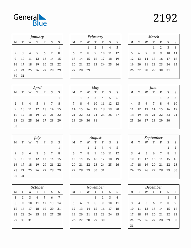 Blank Calendar 2192