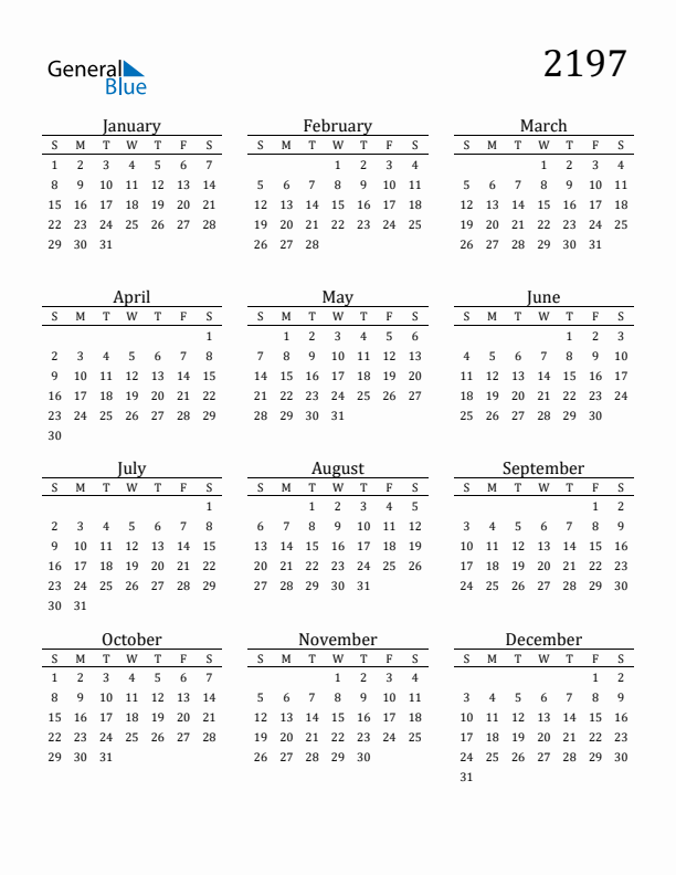 Free Printable Calendar 2197 with Sunday Start