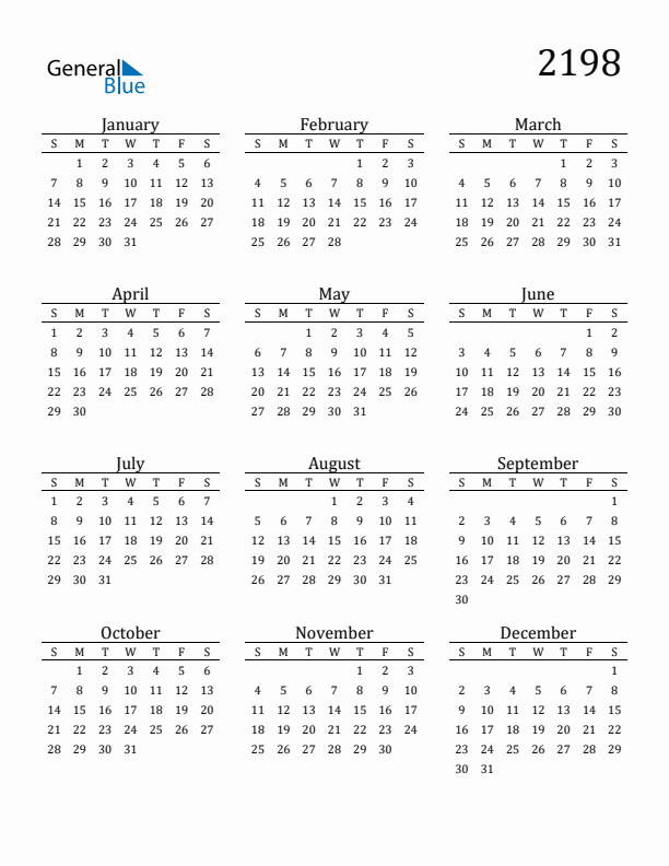 Free Printable Calendar 2198 with Sunday Start