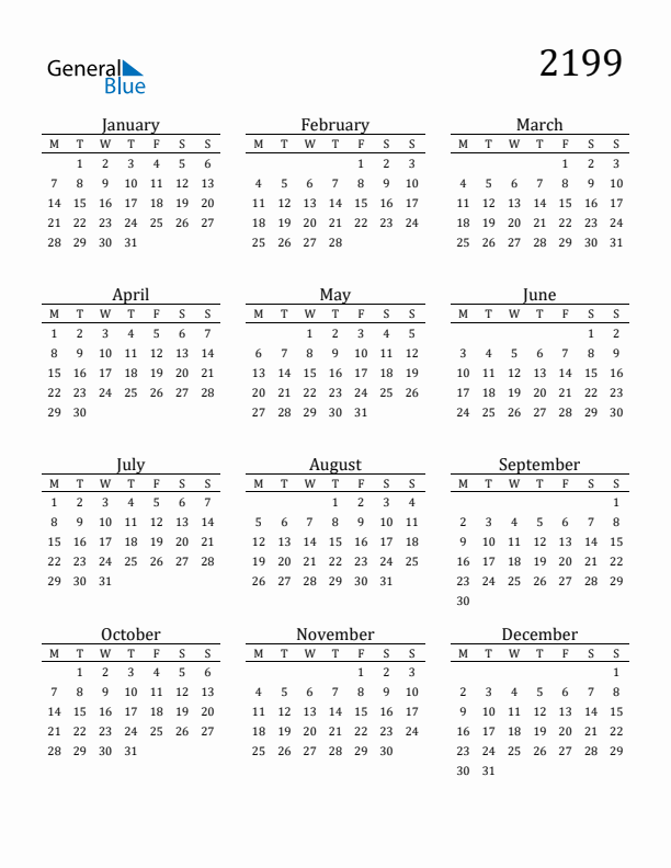 Free Printable Calendar 2199 with Monday Start