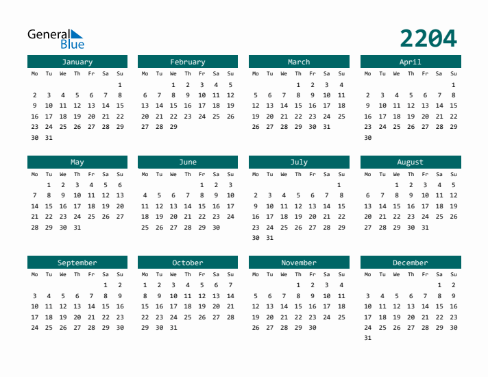 Downloadable 2204 Calendar