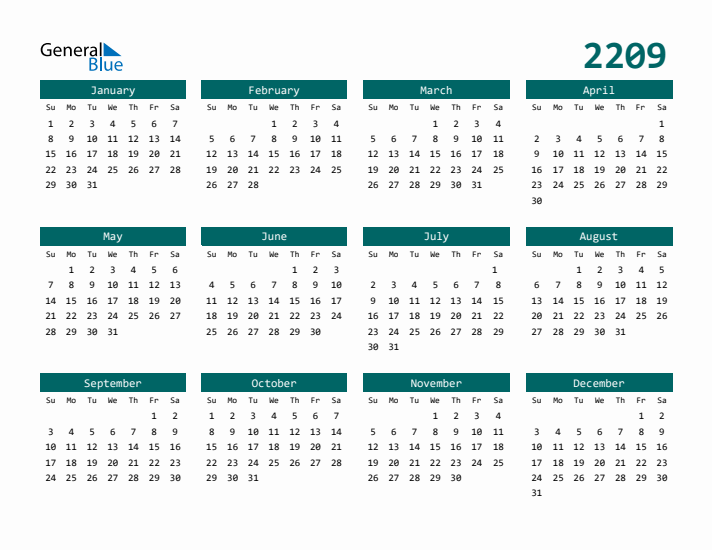 Downloadable 2209 Calendar