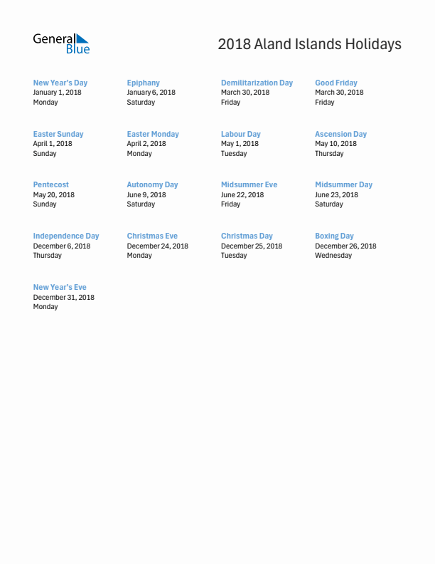 Free printable list of Aland Islands holidays for year 2018