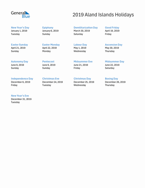 Free printable list of Aland Islands holidays for year 2019