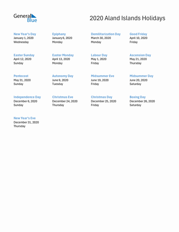 Free printable list of Aland Islands holidays for year 2020