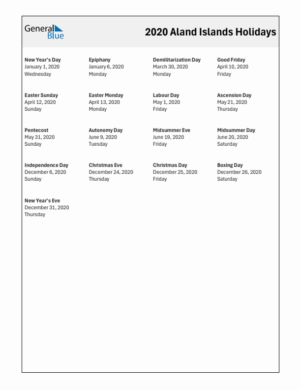 Free printable list of Aland Islands holidays for year 2020