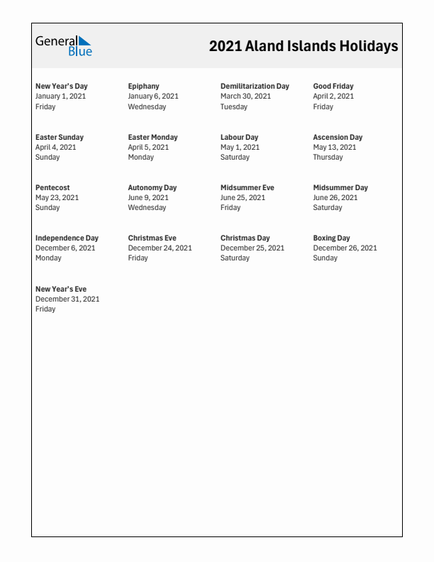 Free printable list of Aland Islands holidays for year 2021